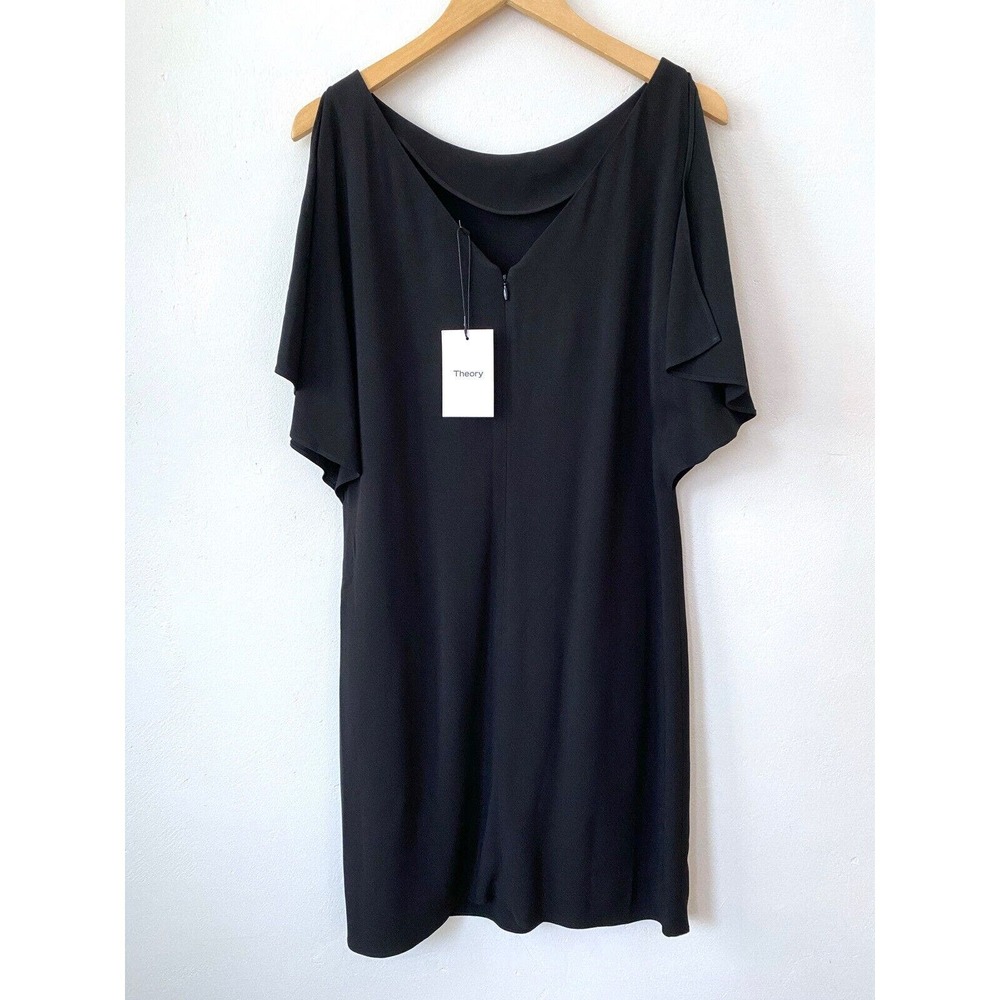 NEW - THEORY Andzelika Black Dress Rosina Crepe Ruffled‎ Split Sleeve Size 6 - Picture 3 of 9